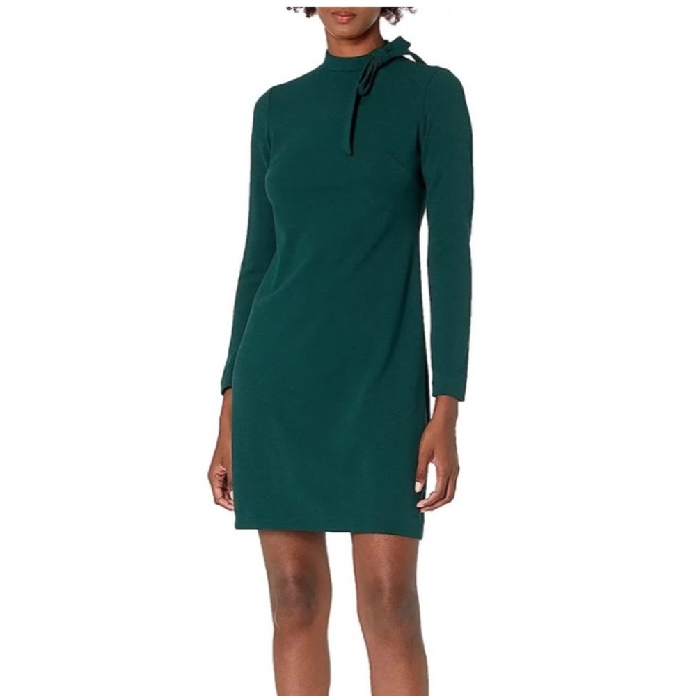 Calvin Klein Dark Green Dress with Bow At Neck & Zipper in Back
